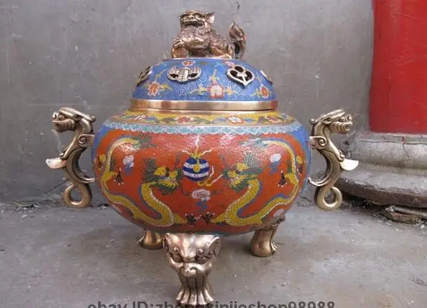 

Chinese Regius Pure Bronze cloisonne Two Dragon Foo Dogs Lion Palace Censer
