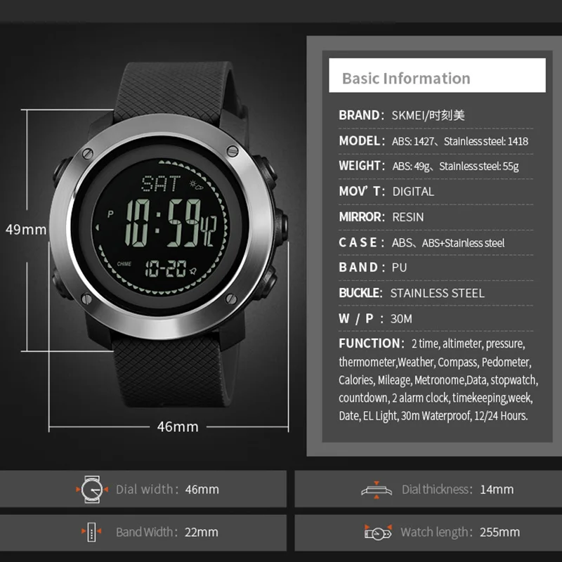 Мужские часы, шагомер, калории, цифровые спортивные часы для женщин, альтиметр, барометр, компас, термометр, погода, relogio masculino