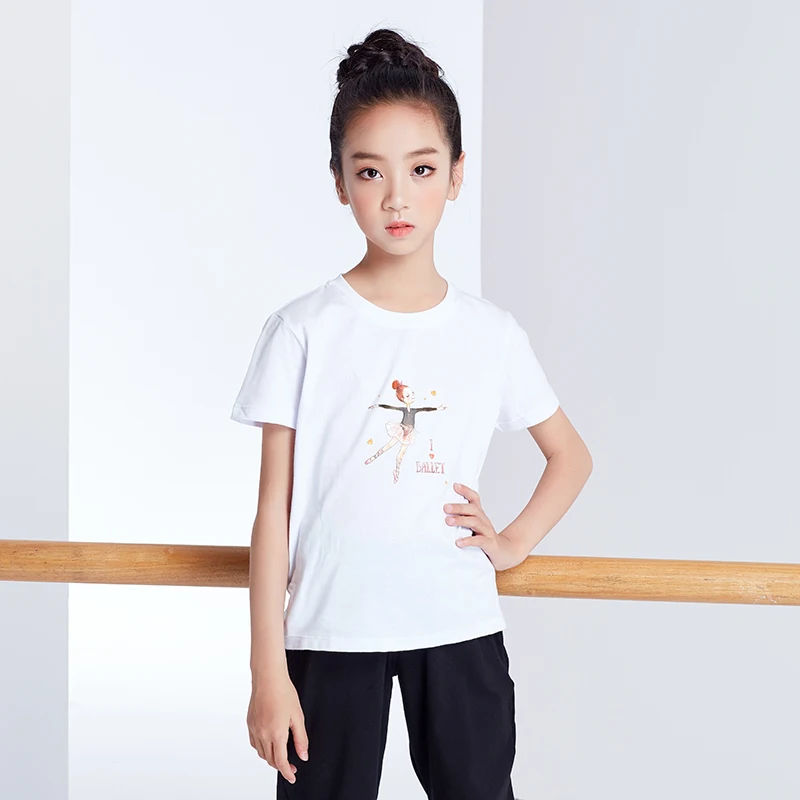 Summer Girls Printed Shirt Kids Full Cotton T Shirt Short Sleeve Top Children Sport Yoga Jogging Fitness Tees Black White Pink