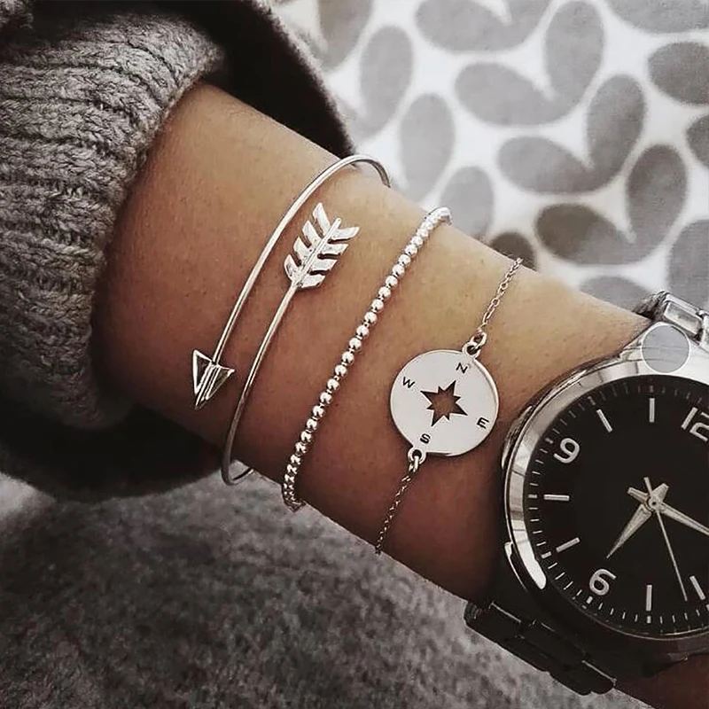 

3 pieces / set of bracelets Bohemian hollow arrow compass beads chain silver multi-layer bracelet ladies jewelry jewelry gifts