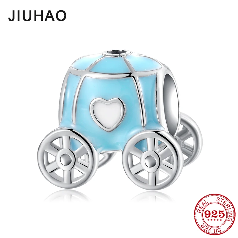 

Fantasy Fairy Tale Princess carriage Sky blue Enamel CZ Beads 925 Sterling Silver Fit Original Pandora Charm Bracelet Jewelry