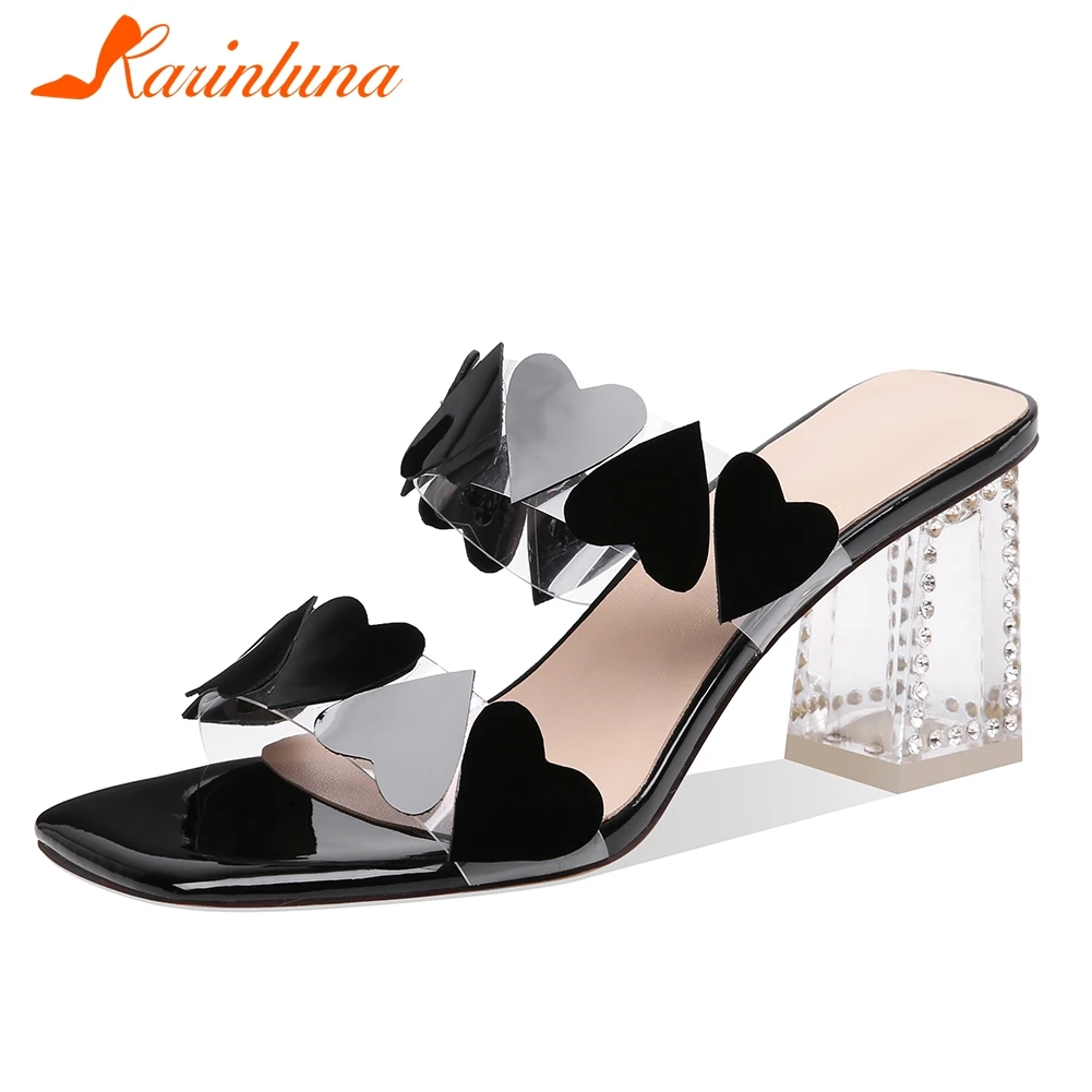 

KARINLUNA 2019 New Sweet Genuine Leather Shoes Mules Summer Women High Heels Slippers Women Shoes Woman Size 33-40