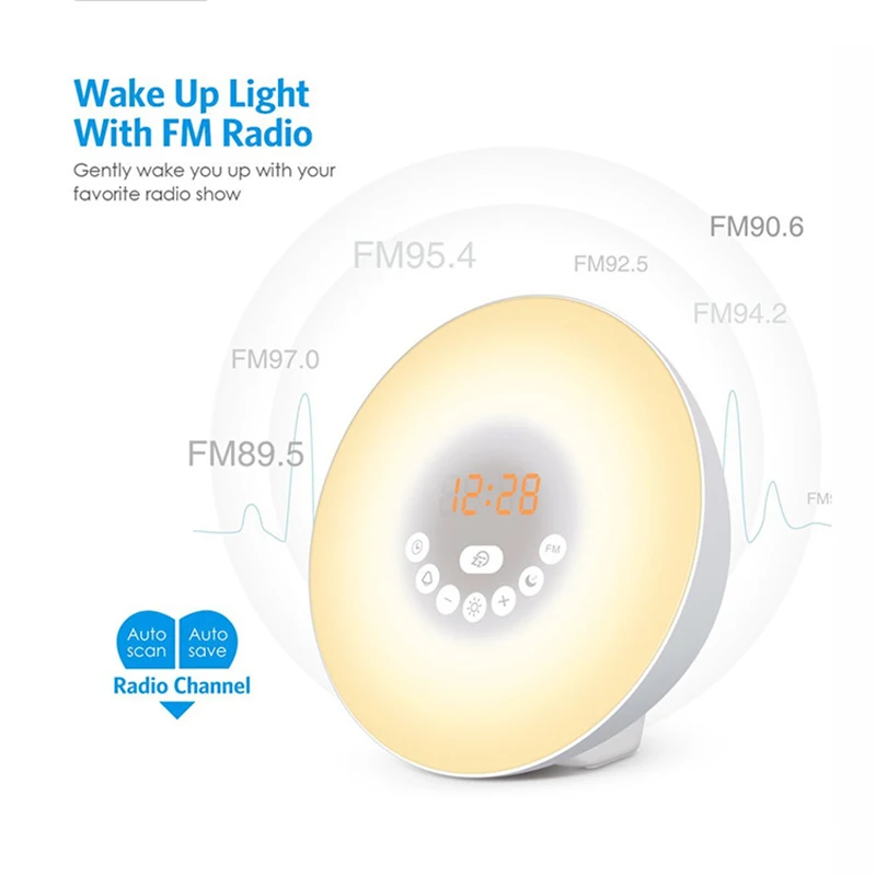 Светильник 7 цветов, функция звуков, сенсорное управление, светильник с будильником, будильник, имитация восхода/заката, цифровые часы с fm-радио, 1 шт
