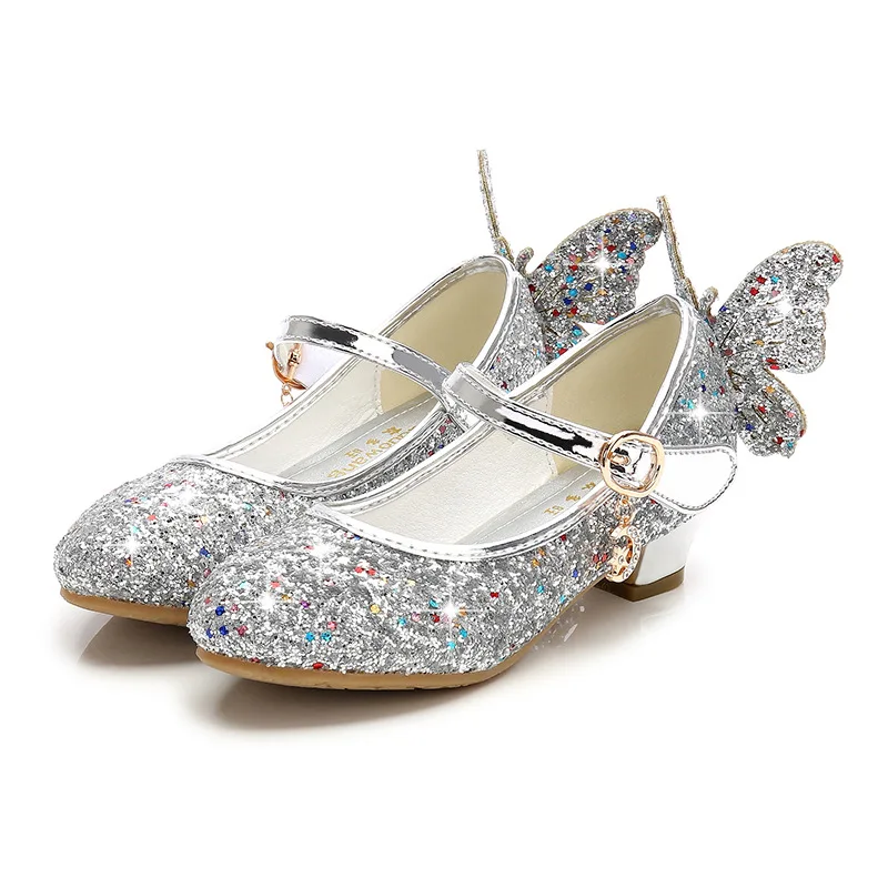 Children's Girls Shoes Baby Performance Crystal Dance Shoes Blue Bowknot Girls Sequins High Heels Princess Non-slip