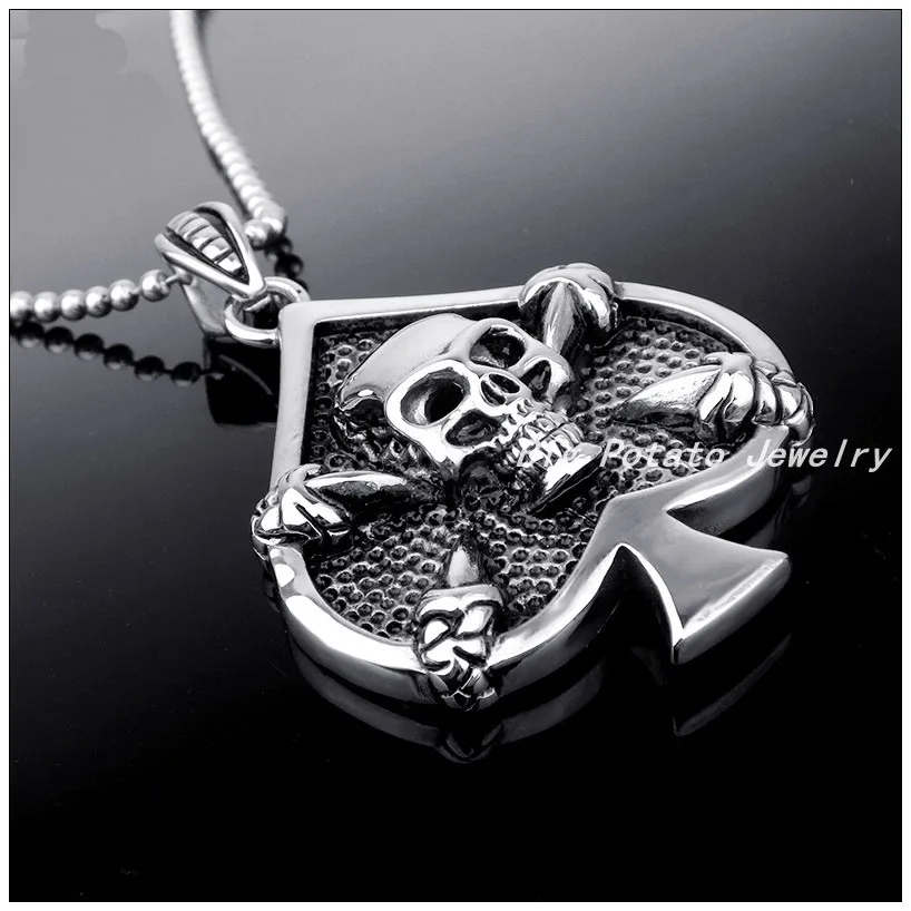 

59mm*41mm Strong New Stainless Steel Spades Skeleton Skull Pendant Men's Vintage Necklace For Male,One Bead Chain For Free