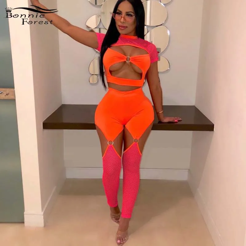 

Bonnie Forest Stretchy Neon Mesh Harness Pants Set Two Pieces Sexy Cut Out Crop Top And High Waist Pant Matching Set Clubwears