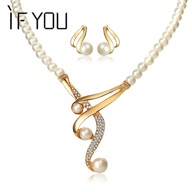 

IF YOU Fashion Imitation Pearl Jewelry Set for Wedding Crystal Choker Necklaces Stud Earrings Bridal Jewelry Set for Women Gift
