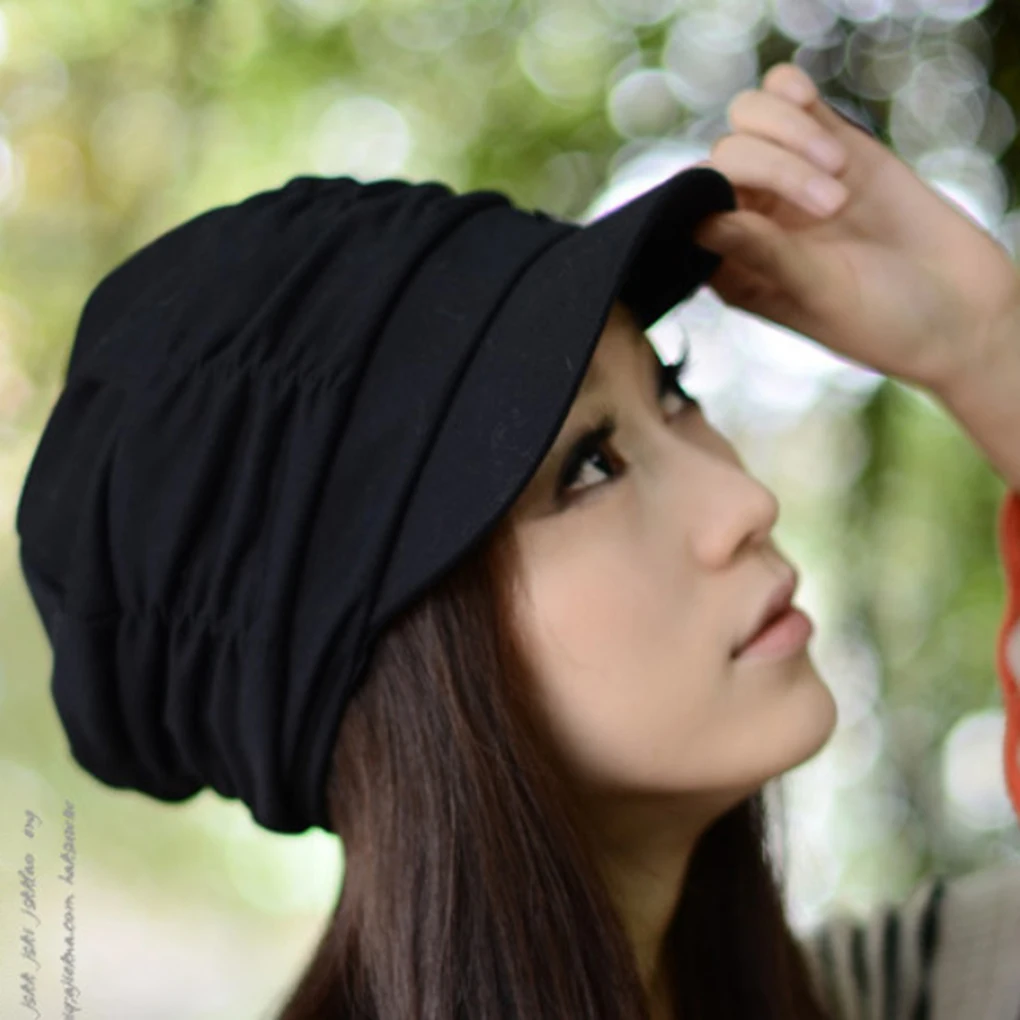 

2019 Peaked Caps with Wrinkle Style Black Small Iron Decoration Hats For Women