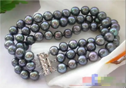 

Free shipping hot sale Women Bridal Wedding Jewelry >>3ROW 9MM BLACK ROUND FRESHWATER CULTURED PEARL BRACELET