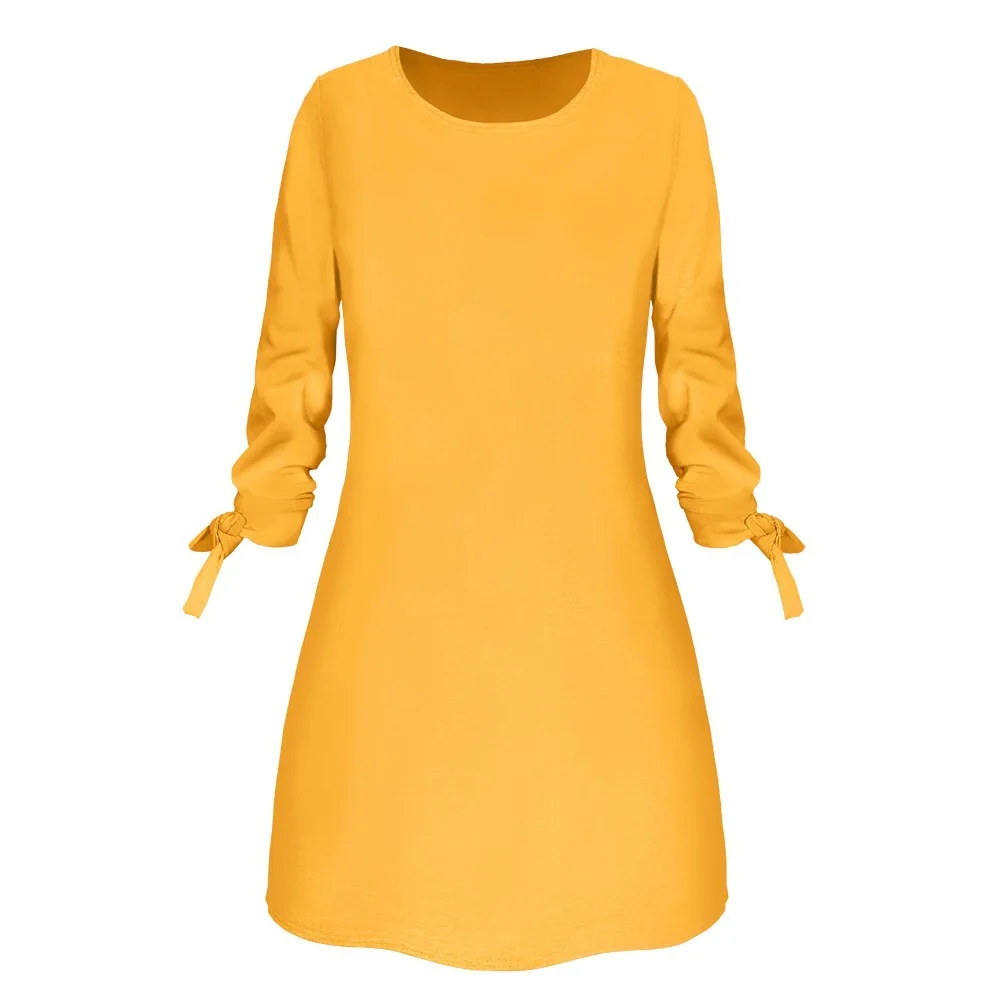 

2019 Spring Autumn Women Dress Spring Solid Color Yellow Long Sleeve O-neck Three Quarter Lacing Dress Female Clothes Dresses B