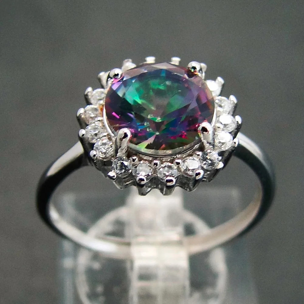 925 Sterling Silver Rainbow Mystic Topaz Gemstone Rings 8X8MM Round Trendy Engagement Wedding Ring Fine Jewelry for Women