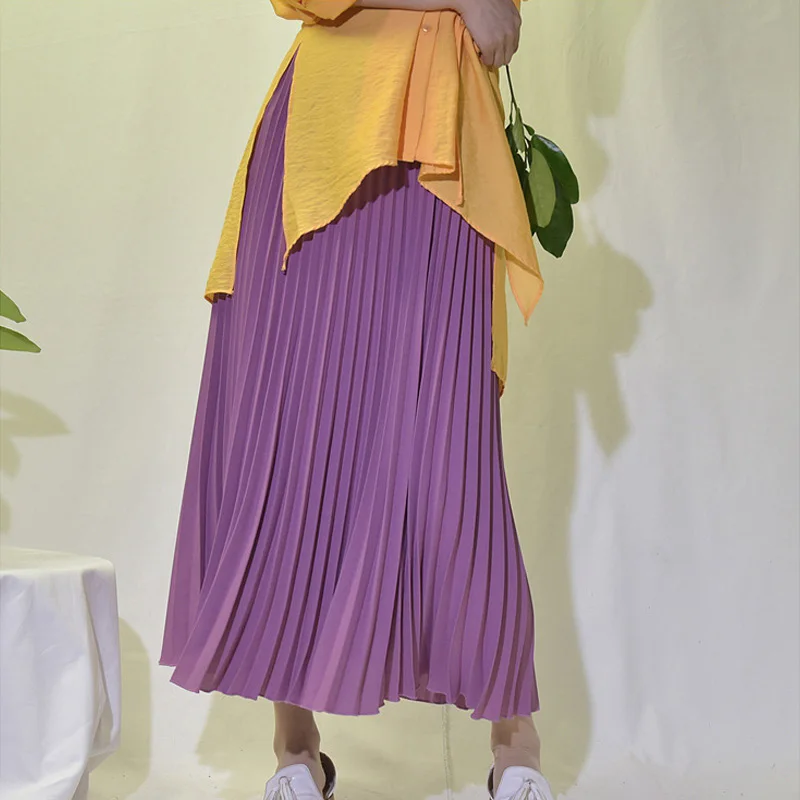 Aonibeier, женские макси юбки, весна, эластичная плиссированная юбка с высокой талией, черная, желтая, длина 90 см, винтажная Женская длинная юбка - Цвет: Purple