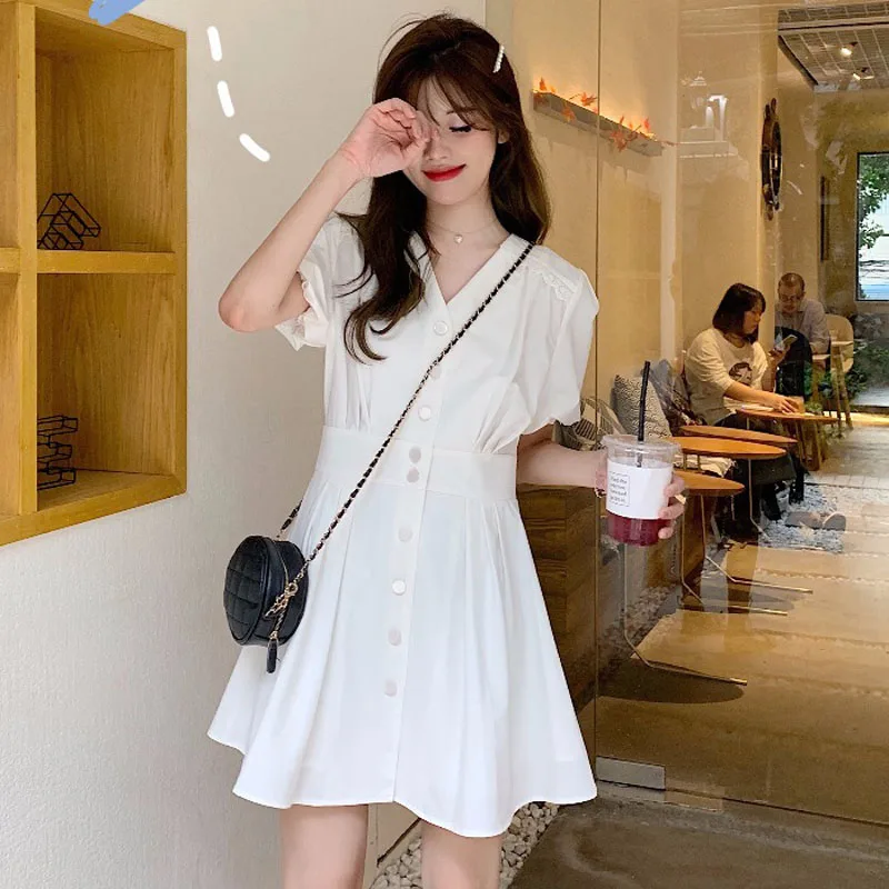 

Lychee Girls Sweet Button Solid Color Lady Dress V-neck Loose Spring Summer Short Sleeve Above Knee High Waist Women Dress
