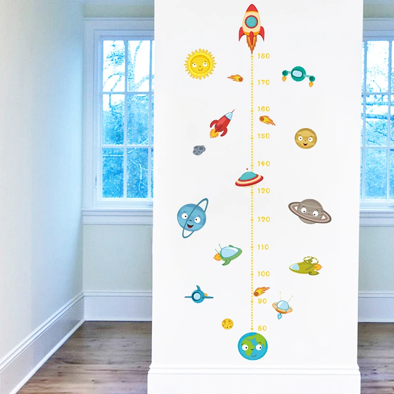 Мультфильм солнечная система ракета измерения высоты наклейки на стены для детей комнаты космическое небо наклейки на стены Рост Диаграмма настенное искусство