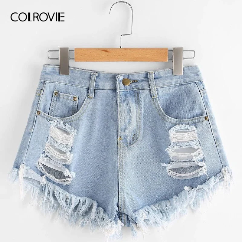

COLROVIE Plus Size Blue Solid Frayed Edge Ripped Casual Denim Shorts Women 2019 Summer Streetwear Button Fly Distressed Shorts