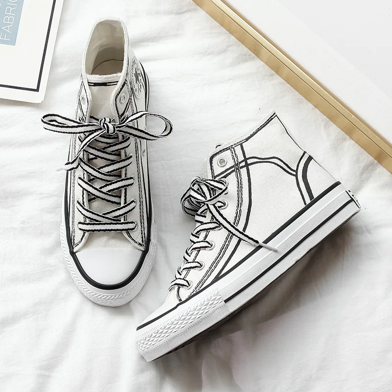 

2019 Spring New Fashion Hand-painted High-top Canvas Women Shoes Breathable Female Casual Sneakers Platform Comfortable Leisure