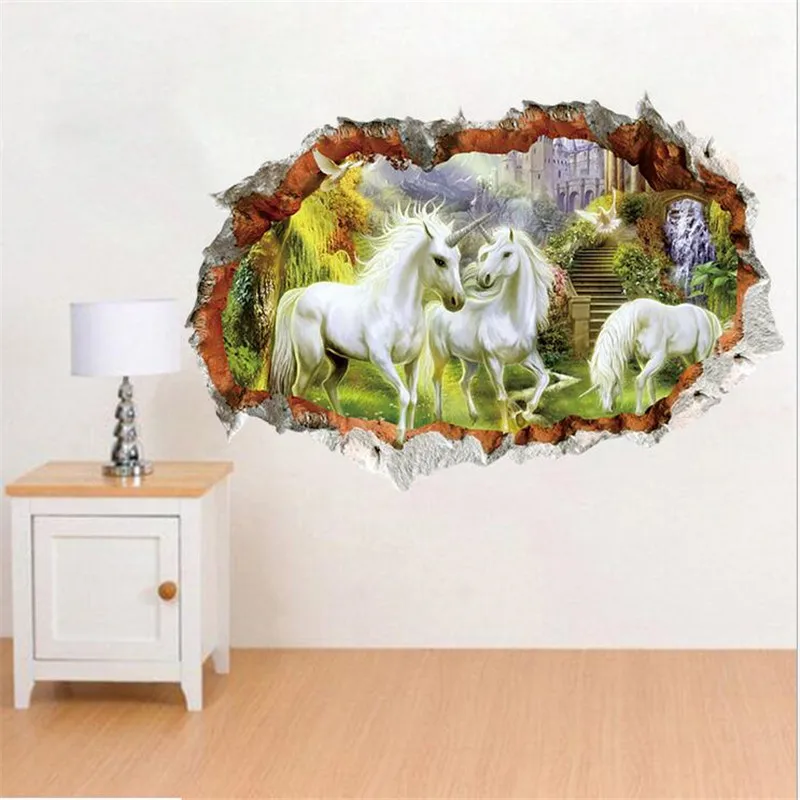 

3D Stereo Effect Broken Wall Unicorn Landscape Wall Sticker Living Room Bedroom Office Background Decorative Sticker