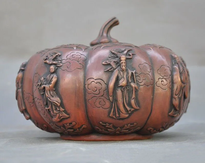 

wedding decoration Marked old China bronze Eight Immortals melon pumpkin statue Tanks Crock pot jar