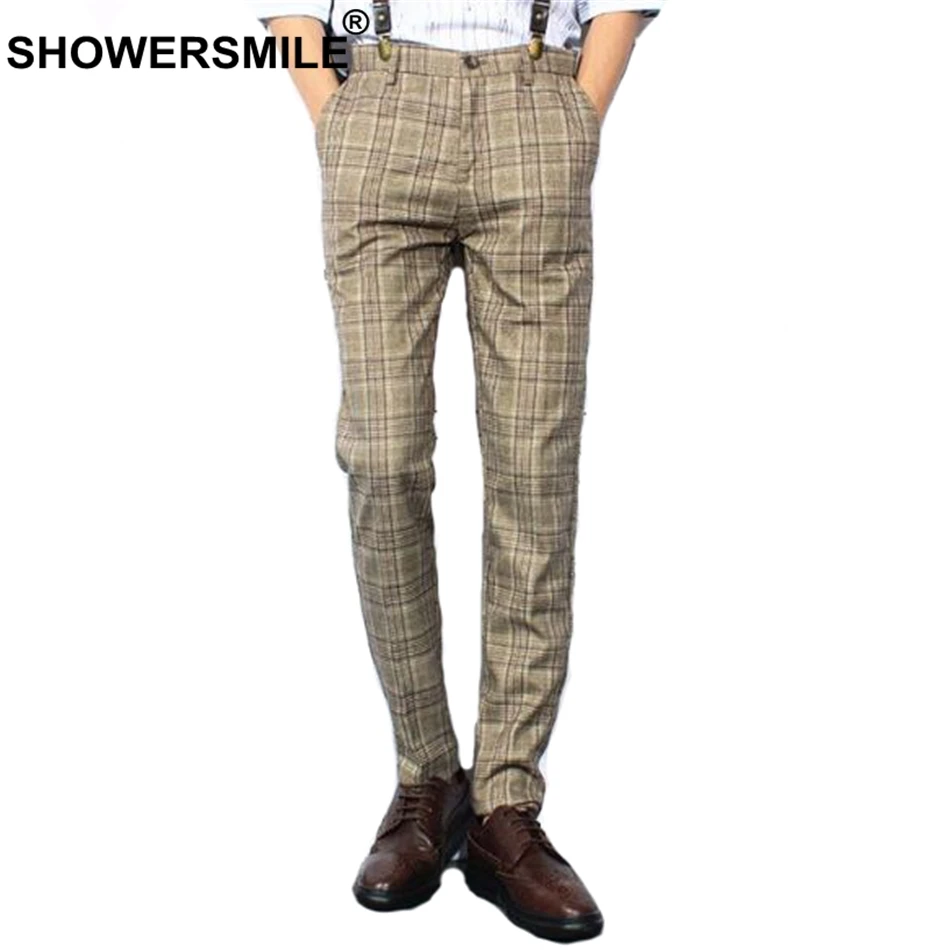 

SHOWERSMILE Plaid Pencil Pants Men Khaki British Style Pants Male Classic Regular Fit Checkered Vintage Trousers Autumn Clothing