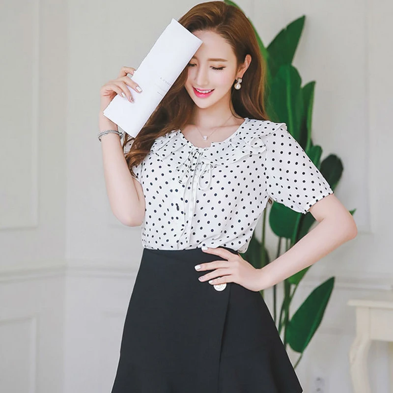 Рубашка женская в горошек шифоновая с коротким рукавом|polka dot chiffon blouse|chiffon blousefeminine