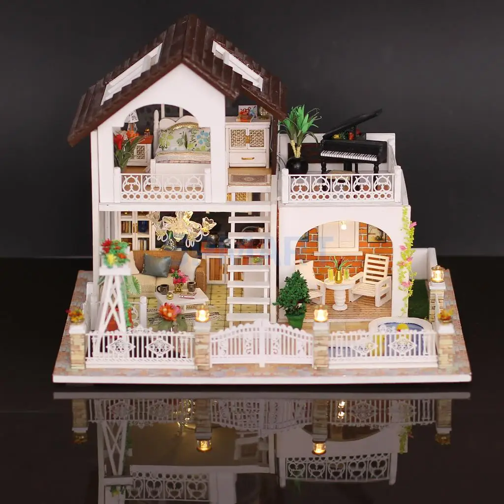 

Handmade 3D DIY House Model Kit Miniature LED Light & Cover & Music Box Wooden Dolls House Model Collectibles Holiday Villa