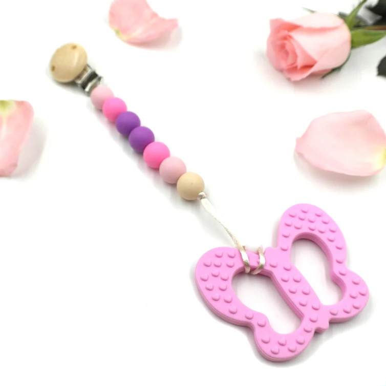 

Silicon butterfly teether chewable toy safe baby teething pendant with clip food grade BPA FREE