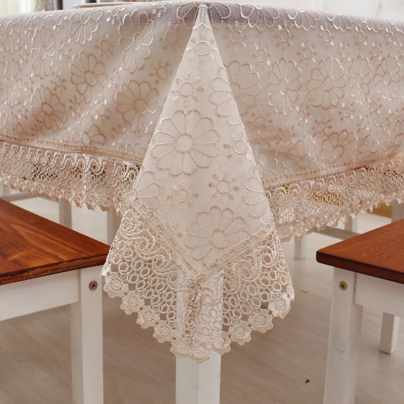

Newly Floral Pattern Embroidery Organdy Table Cloth Home Decor Dinner Table Cover Romantic Beige Light Coffee Tablecloth mantel