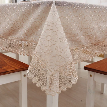 

Newly Floral Pattern Embroidery Organdy Table Cloth Home Decor Dinner Table Cover Romantic Beige Light Coffee Tablecloth mantel