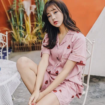 

2019 Summer New Female Sleepwear Set Ladies Cartoon Strawberry Printed Sweet Pajamas Set Short Sleeve+Pants 2pcs Women Homewear