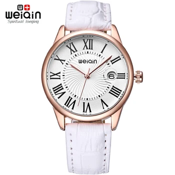 

WEIQIN Magnifying Glass Date Fashion Watches Women Rose Gold Case Leather Strap Watch Ladies Roma Index reloje mujer relogios