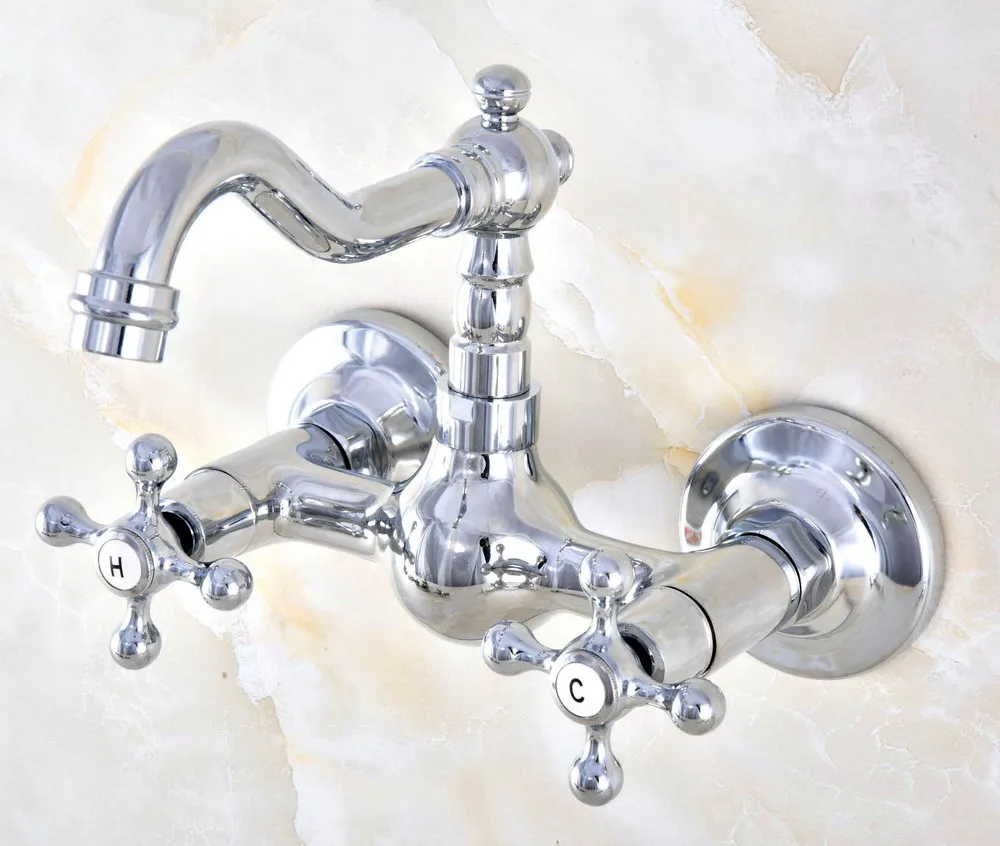 

Modern Polished Chrome Brass Wall Mounted Bathroom Basin Kitchen Sink Faucet Swivel Spout Mixer Tap Dual Cross Handles anf583