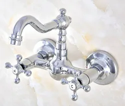 Modern Polished Chrome Brass Wall Mounted Bathroom Basin Kitchen Sink Faucet Swivel Spout Mixer Tap Dual Cross Handles anf583