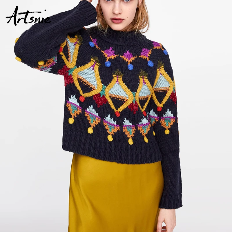 

Artsnie Vintage Embroidery Navy Blue Women Sweater Spring 2019 O Neck Long Sleeve Jumper Pull Femme Knitted Streetwear Sweaters
