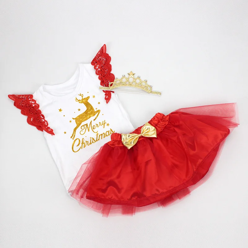 

3PCS New Baby Girl Christmas Outfits Jumpsuit Costume Ruffle Fly Sleeve Romper+Tulle Skirt+Crown Princess Headband Baby Xmas Set