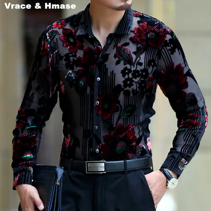 Acheter Motif de fleurs exquis soie or velours creux chemise haut de gamme 2018 Printemps et Automne nouvelle mode casual hommes de qualité chemise M XXXL