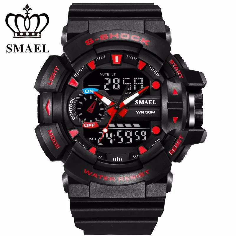 SMAEL лучший бренд Роскошные мужские спортивные цифровые часы с двойным дисплеем мужские спортивные ударопрочные кварцевые часы военные наручные часы