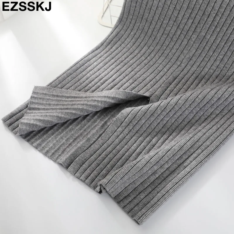 Винтажный элегантный зимний женский свитер юбка эластичная высокая талия Длинный разрез сзади вязаная юбка прямая женская однотонная Плотная юбка