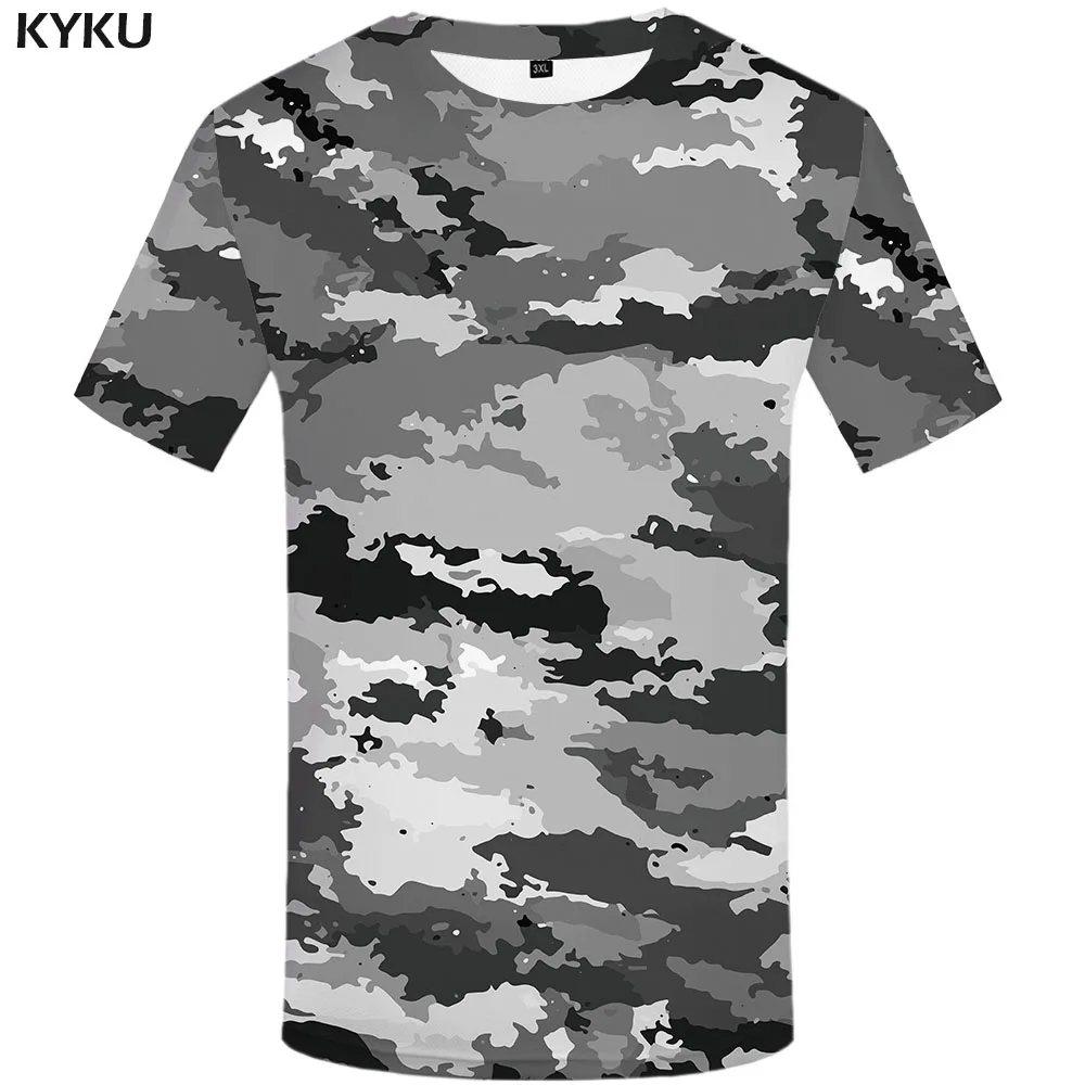 

KYKU Gray Camouflage T-shirt Men Camo Tshirt Printed Ink T-shirts 3d Military Tshirts Casual Gothic Anime Clothes Short Sleeve