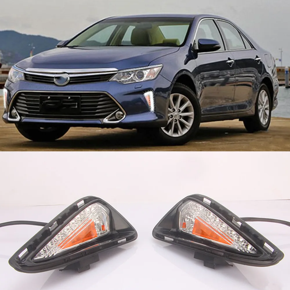 

CSCSNL 1 set LED Daytime Running Light 12v ABS fog lamp cover with Yellow Turning Signal For Toyota Camry 2015 2016 2017