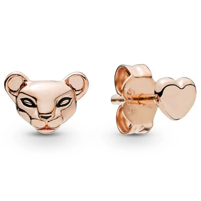 

Authentic 925 Sterling Silver Rose Lioness And Heart Earring Studs With Black Enamel For Women Wedding Fine Pandora Jewelry