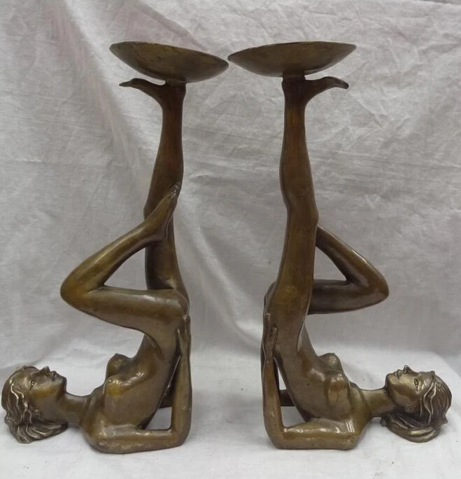 

JP S0606 15" Chinese Bronze Beauty Belle Peri Statue Copper Candle Stick Holder Pair Discount 35%