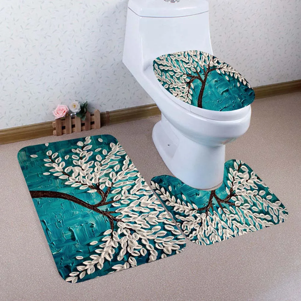 3PCS Set Non-Slip Flannel Bathroom Pedestal Rug Bath Mat Lid Toilet Cover Decor