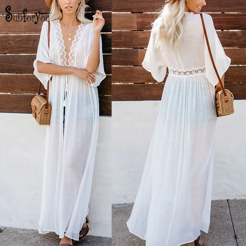 

New Long Beach Cover up Robe de Plage 2019 Bikini Cover up Lace Patchwork Sarong Bathing suit Cover ups Beach Tunic Pareo