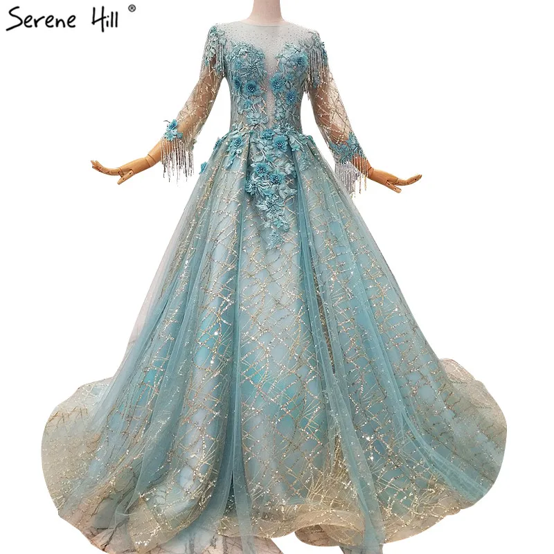 

Fashion Luxury Handmade Flowers Pearls Evening Dresses 2019 Long Sleeves High-end Lace Up Evening Gowns Real Photo