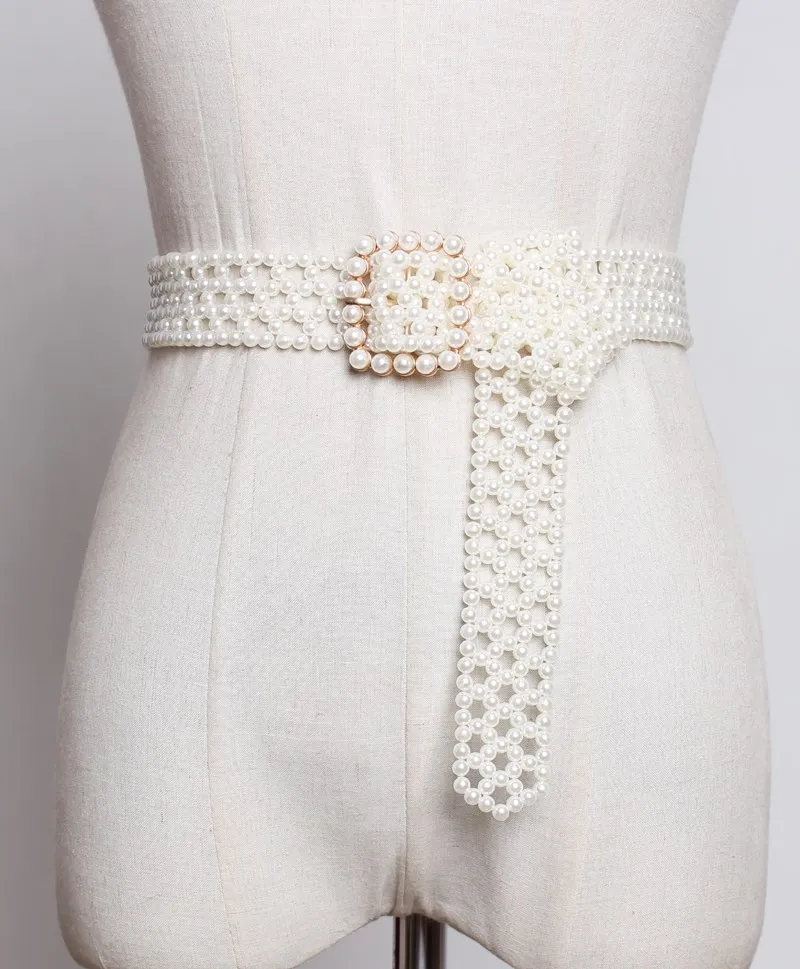 

2019 Handmade Pearl Beading Waist Belt Women Weaving Pearl Wide Buckle Pin Waistband Jean belt Summer Dress Belts Decoration New