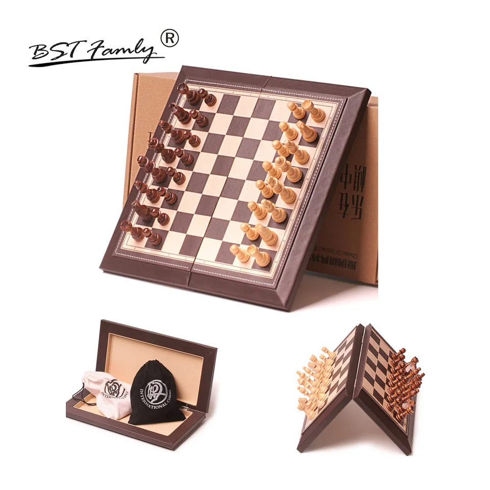 BSTFAMLY Chess Set Game of International Magnetic Folding Leather Feeling Chessboard Wood Pieces Chessman I21 | Спорт и развлечения