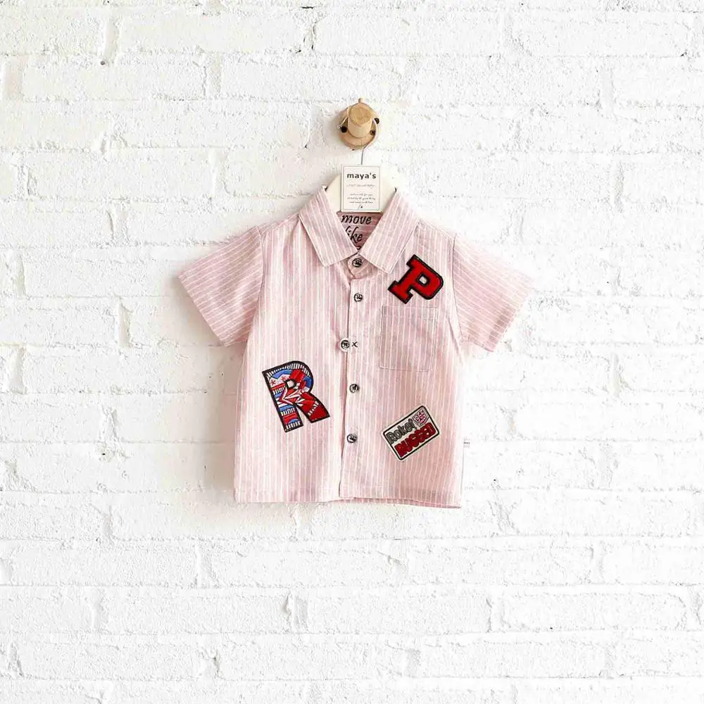 Mayas/летние рубашки в полоску с аппликацией для мальчиков детские весенние модные топы в клетку с принтом, новые модные базовые Топы для детей 81311 - Цвет: 02 Pink
