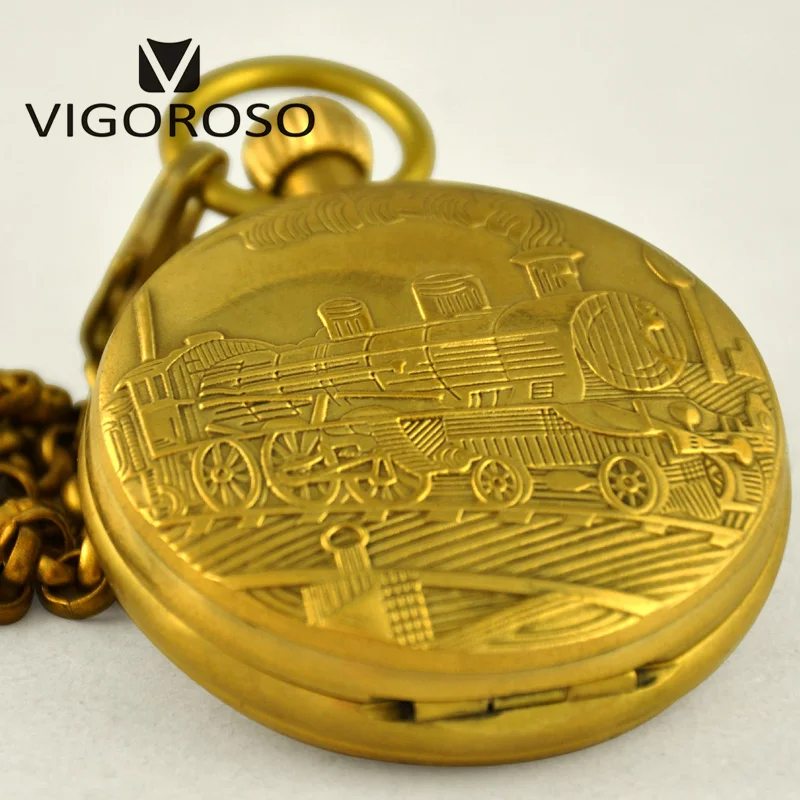 

Collectible Antique Hand Winding Mechanical Pocket Watch Old Copper Carved Steampunk Steam Train Fob Chain Pendant Clock Roman