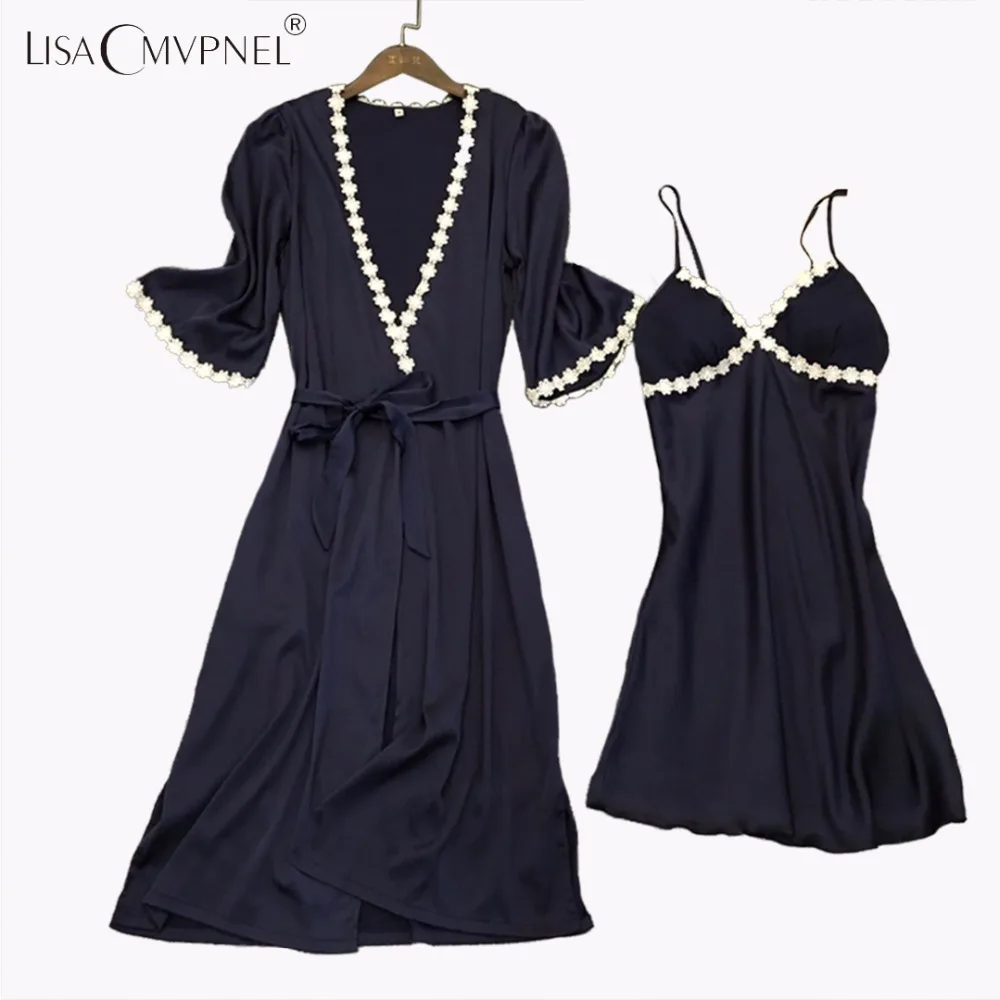 

Lisacmvpnel 2 Pcs Sexy Spaghetti Strap Women With Cup Robe Sets Nightgown+Robe Women Pajamas Elegant Women Homewear