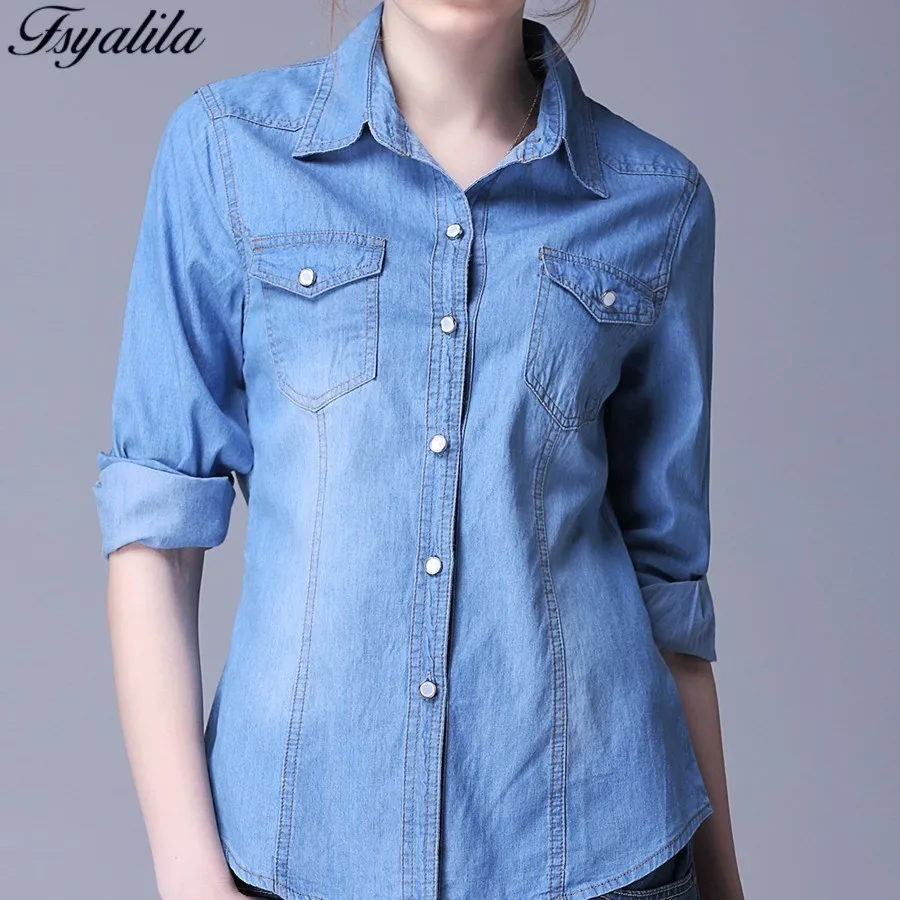 

Denim Blouse Plus Size Jeans Shirt 2018 Autumn Summer Long Sleeve Blouse Cotton Casual Elegant Ladies Tops Feminine Fashion Top